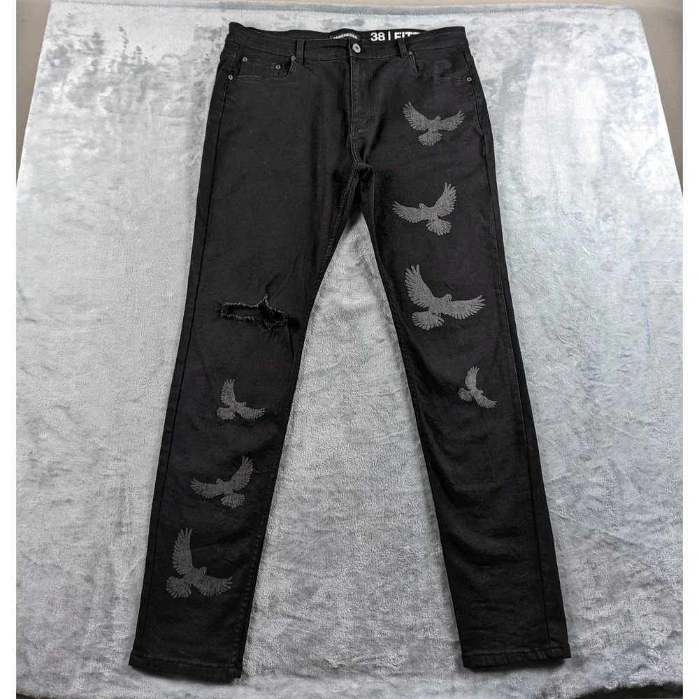 Serenede Peace Jeans Mens 38x32 Black Fitted Skinny Dove Print Distressed READ